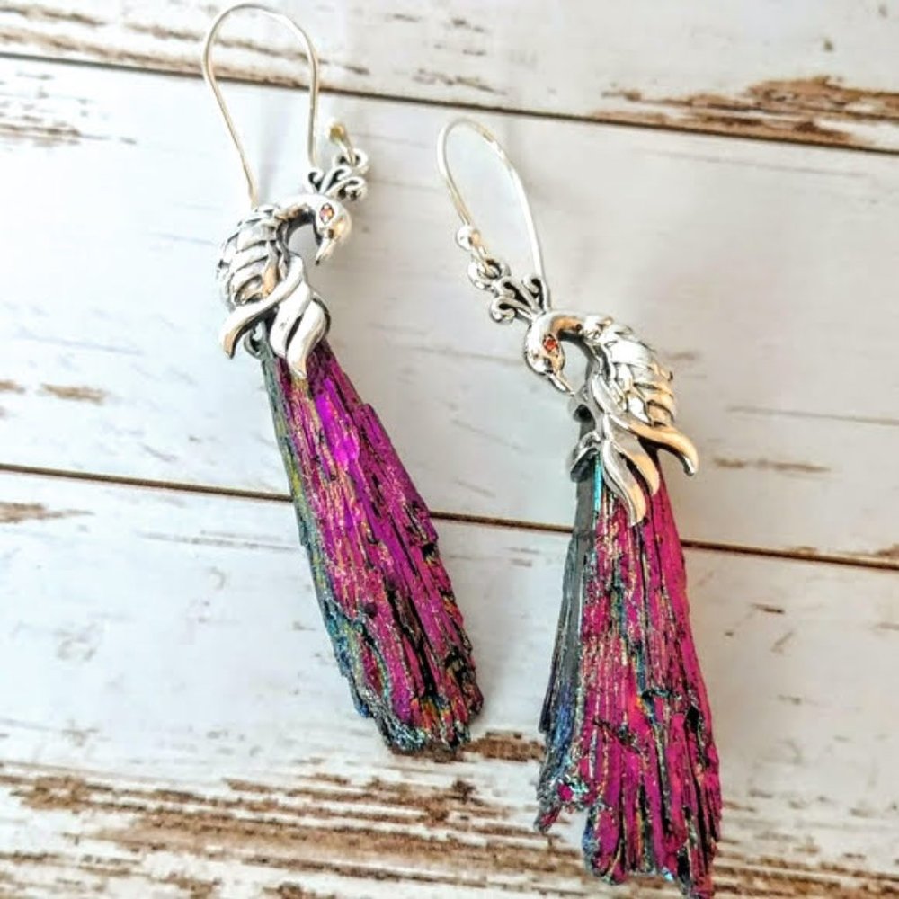 Rainbow Aura Kyanite Peacock Sterling Earrings - Picture 4 of 6